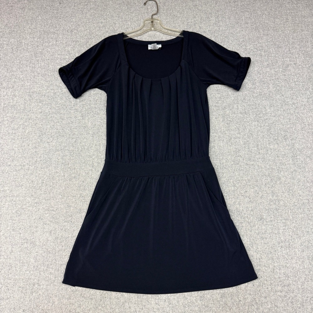 Ann Taylor LOFT Dress XS Navy Blue Short Sleeve Pleated Scoop Neck Pockets Knit